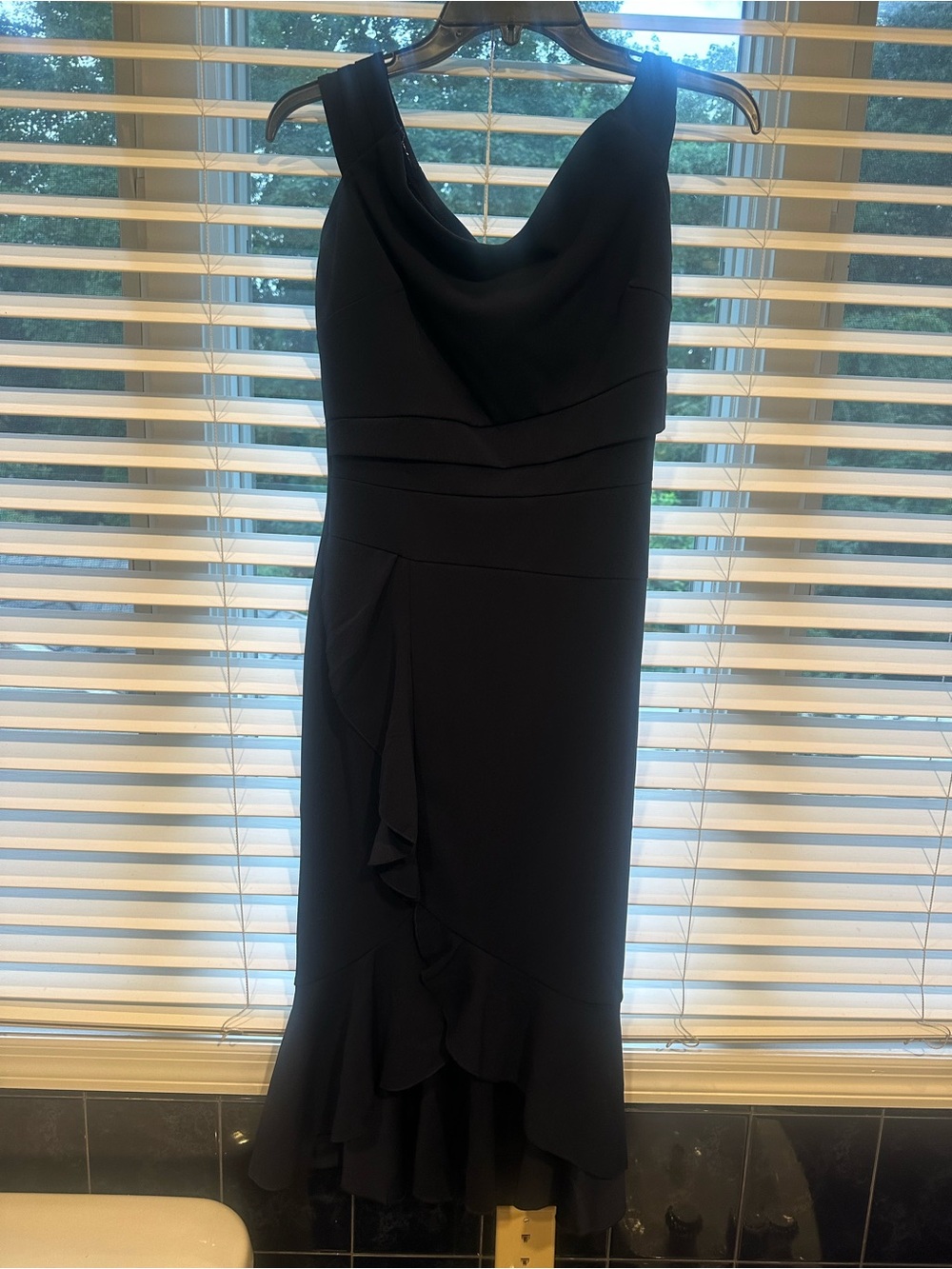 Chic Black Sleeveless Midi Dress with Draped Neckline